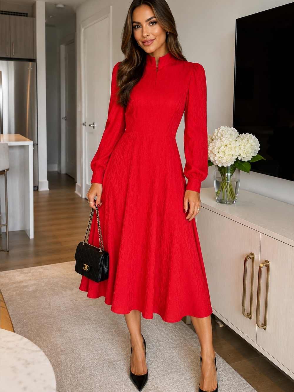 Sandro  Red Long-Sleeve Midi Dress